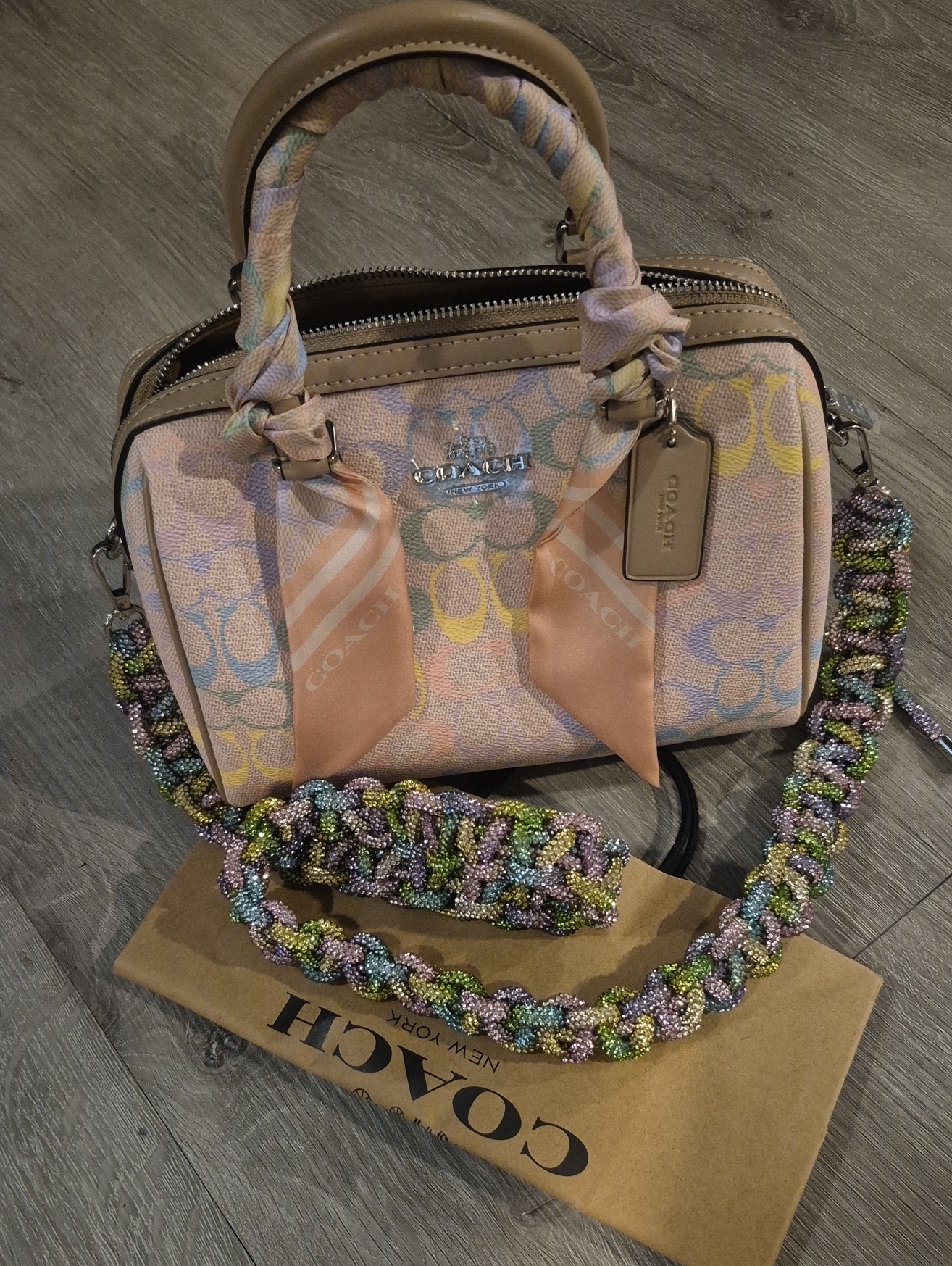 Coach Rowan Pink Signature Bag & Rainbow Crystal Crossbody Strap